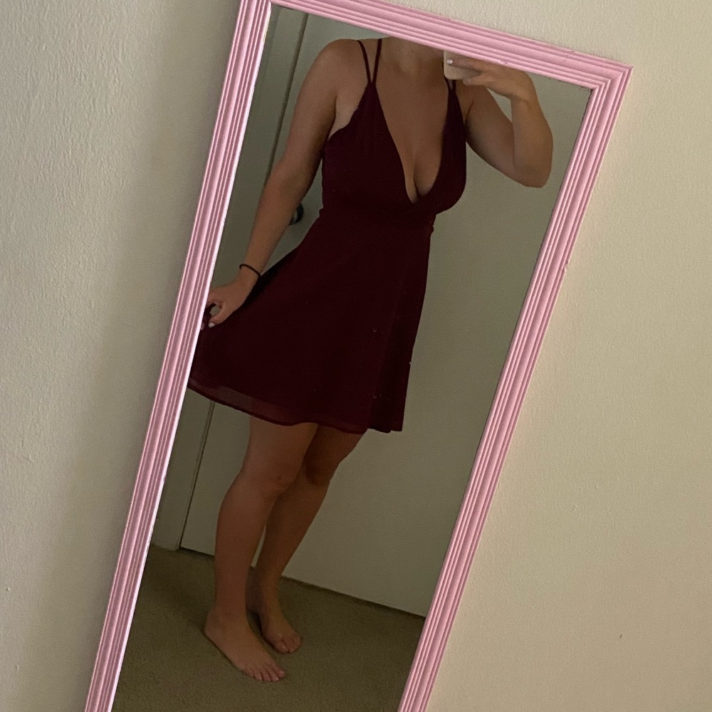 Tobi low cut maroon mini skater dress with open back and criss cross straps, XS